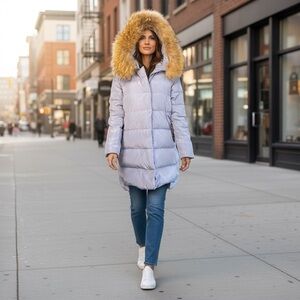 Bosideng Women’s Down Puffer Coat Lavender Real Fur Hood Size 8 (175/96A)